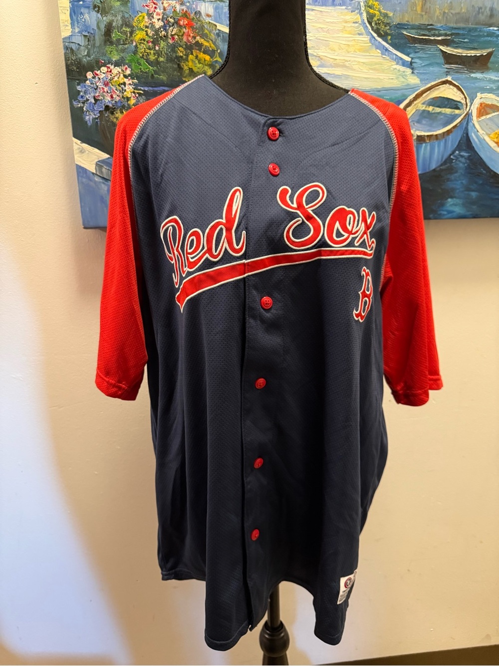 Men's Navy and Red 'Red Sox' Button-Front Baseball Jersey